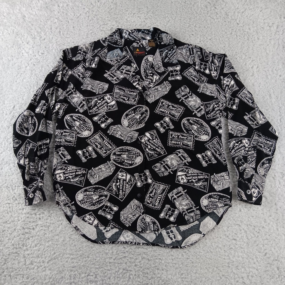 Lizsport Button Down Shirt Women Petite S Black Excellent Travel Stamp Print 90s